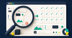 A magnifying lens auditing website controls against a structured fifteen-point checklist